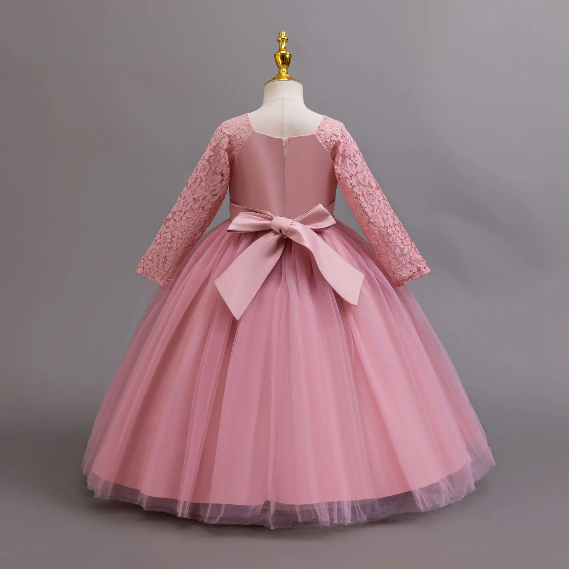 Long Sleeve Lace Flower Girl Gown with Full Tulle Skirt and Floral Accent