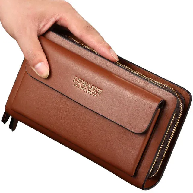 Men Top Cowhide Double Zipper Luxury Clutch Bag Wallets with Large Capacity pocket zipper Double Zipper Male Wallet Purse Coin