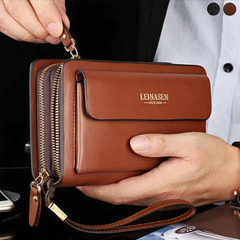 Men Top Cowhide Double Zipper Luxury Clutch Bag Wallets with Large Capacity pocket zipper Double Zipper Male Wallet Purse Coin