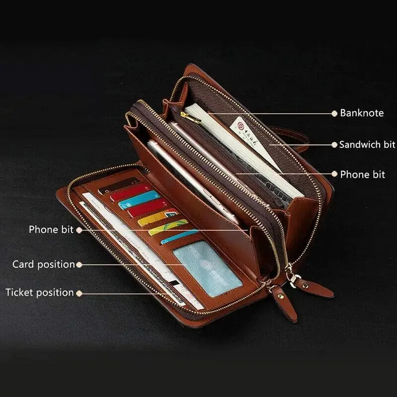 Men Top Cowhide Double Zipper Luxury Clutch Bag Wallets with Large Capacity pocket zipper Double Zipper Male Wallet Purse Coin