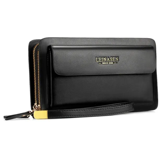 Men Top Cowhide Double Zipper Luxury Clutch Bag Wallets with Large Capacity pocket zipper Double Zipper Male Wallet Purse Coin