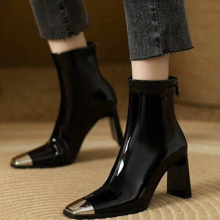 Metal Square Toe High Heel Boots Wild Korean Style