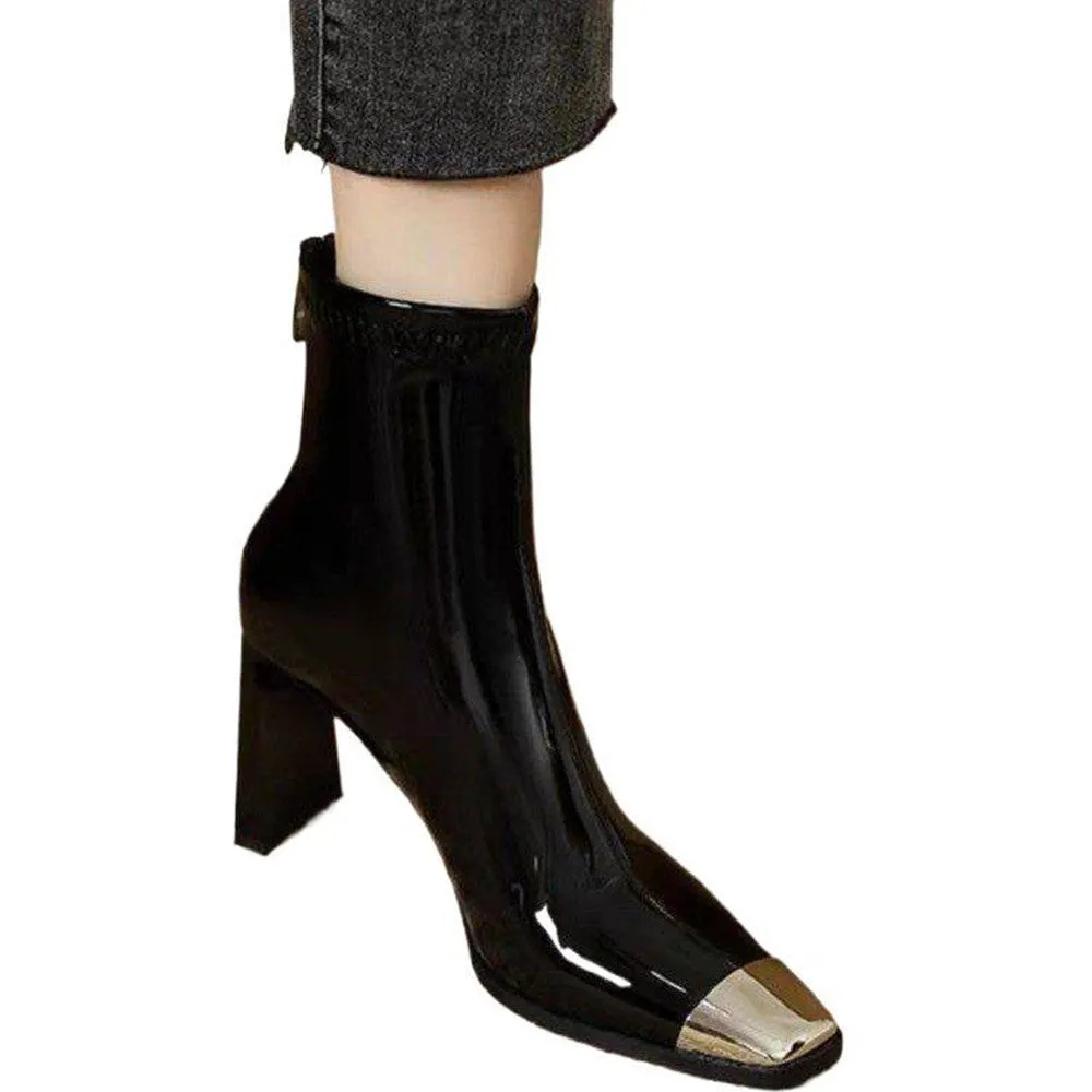 Metal Square Toe High Heel Boots