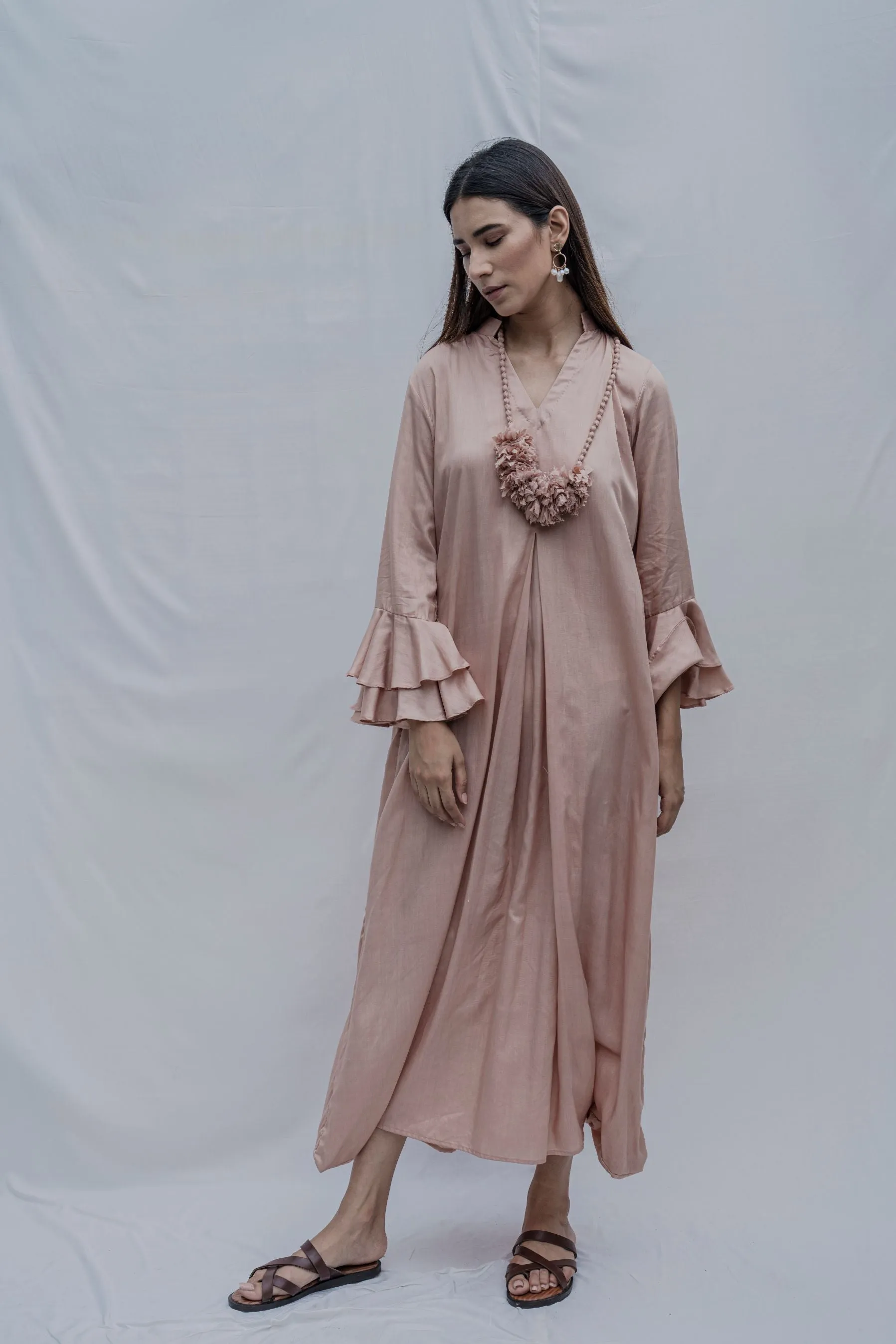 Rose Gold Front Pleated Dress with Bell Sleeves & Necklace
