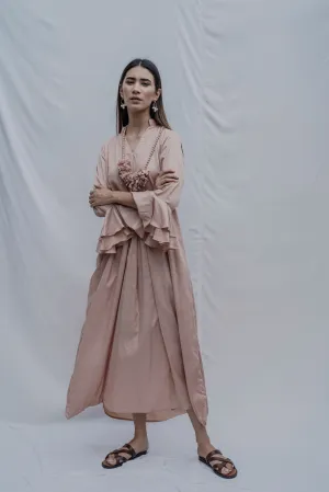 Rose Gold Front Pleated Dress with Bell Sleeves & Necklace
