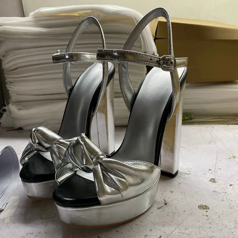 Round Toe Bow Knot Thick Heel Women Fashion Sandals