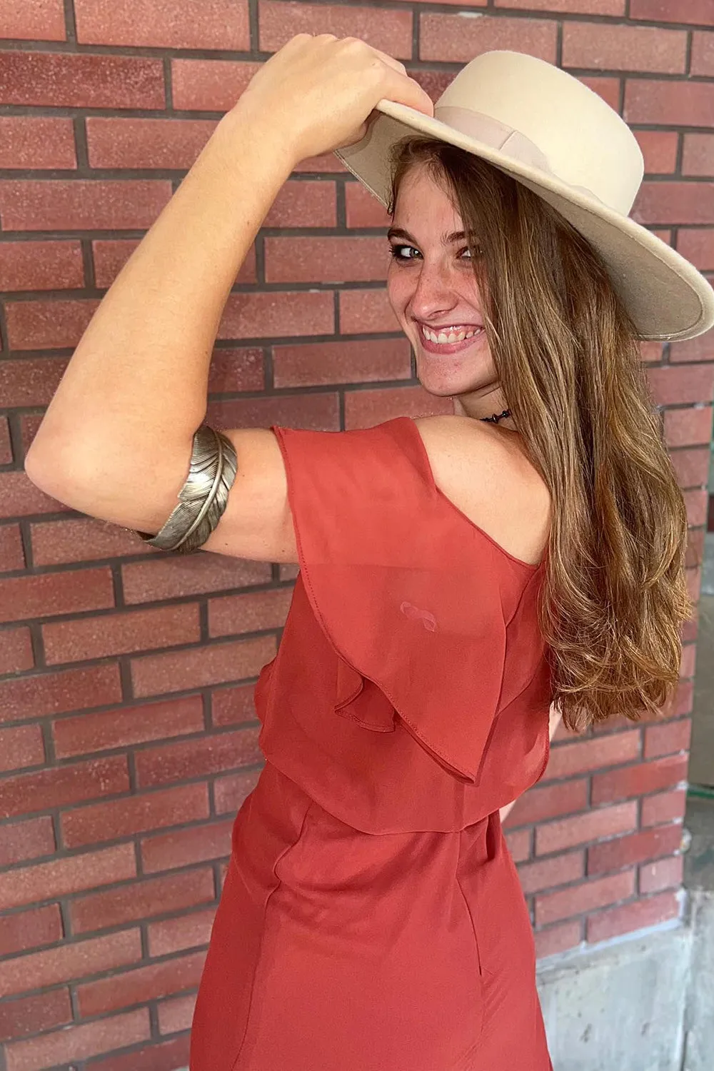 Rust Chiffon Cold Shoulder Bridesmaid Dress with High Slit