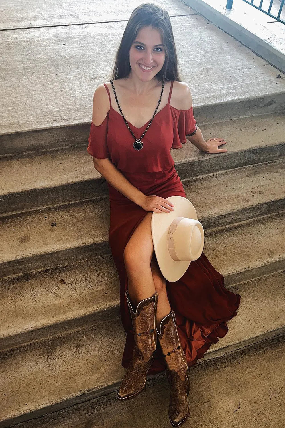 Rust Chiffon Cold Shoulder Bridesmaid Dress with High Slit
