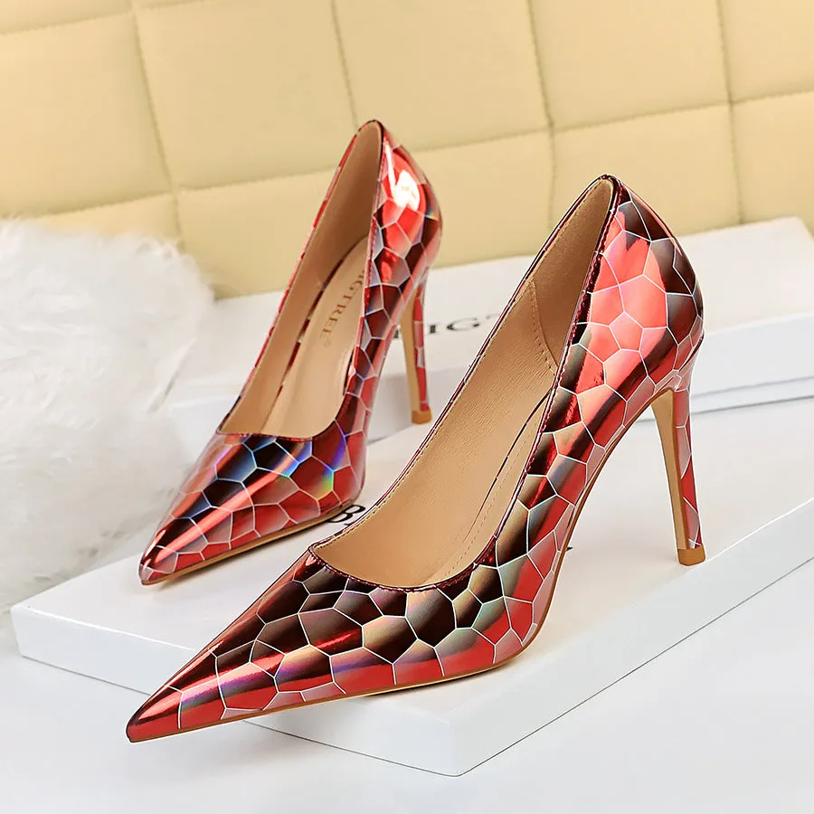 Sexy Stiletto Pumps Pointed Toe Metal Stone Pattern High Heels