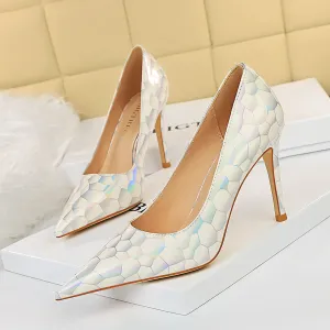 Sexy Stiletto Pumps Pointed Toe Metal Stone Pattern High Heels