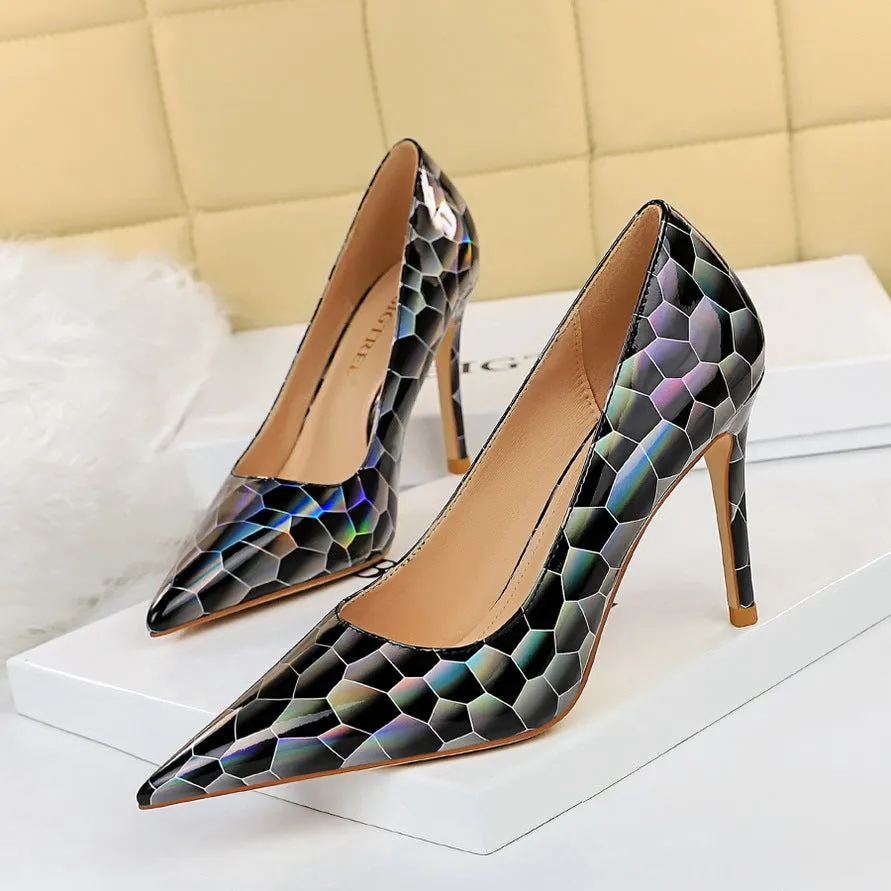 Sexy Stiletto Pumps Pointed Toe Metal Stone Pattern High Heels
