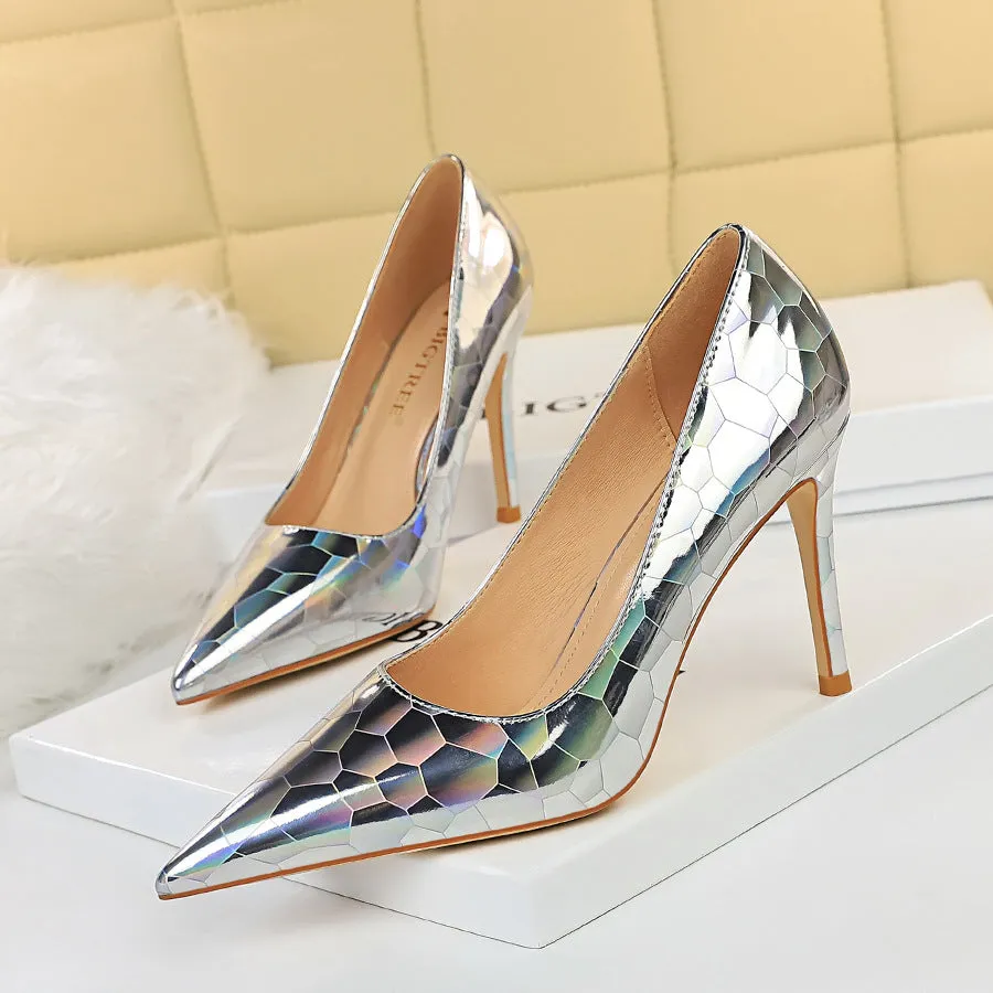 Sexy Stiletto Pumps Pointed Toe Metal Stone Pattern High Heels