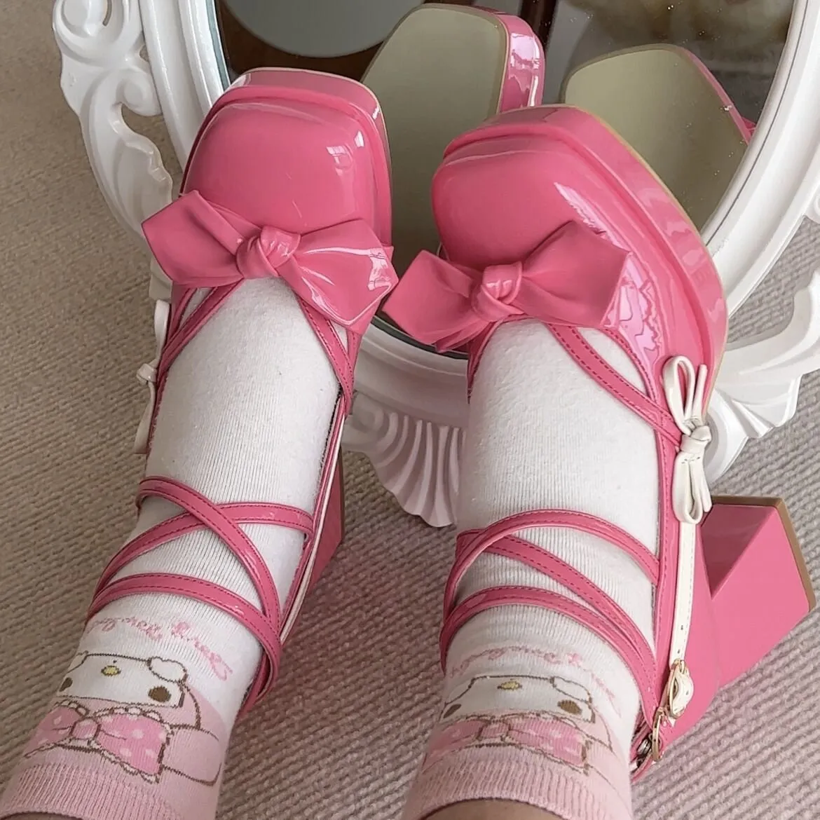 Solid Mary Jane High Heels, Lolita Bow Decor High Heels, Front Strap Heels for Women, Square Toe High Heels, Patent Leather Ballet Shoes