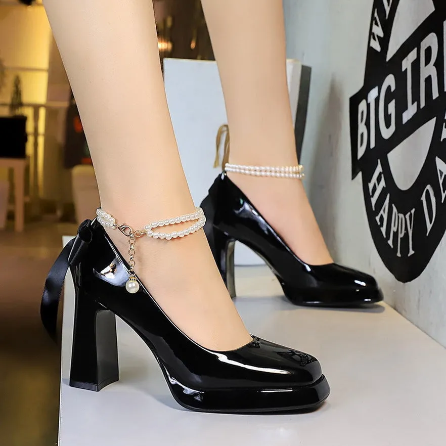 Sweet Bow Pearl Chain Chunky Heel High Heel Shoes Square Toe with Patent Leather Waterproof Platform Shoes