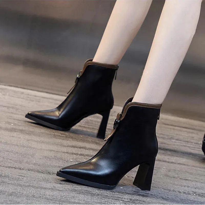 VougeVamp Leather High-Heeled Ankle Boots – Pointed Toe Winter Booties with Back Zip