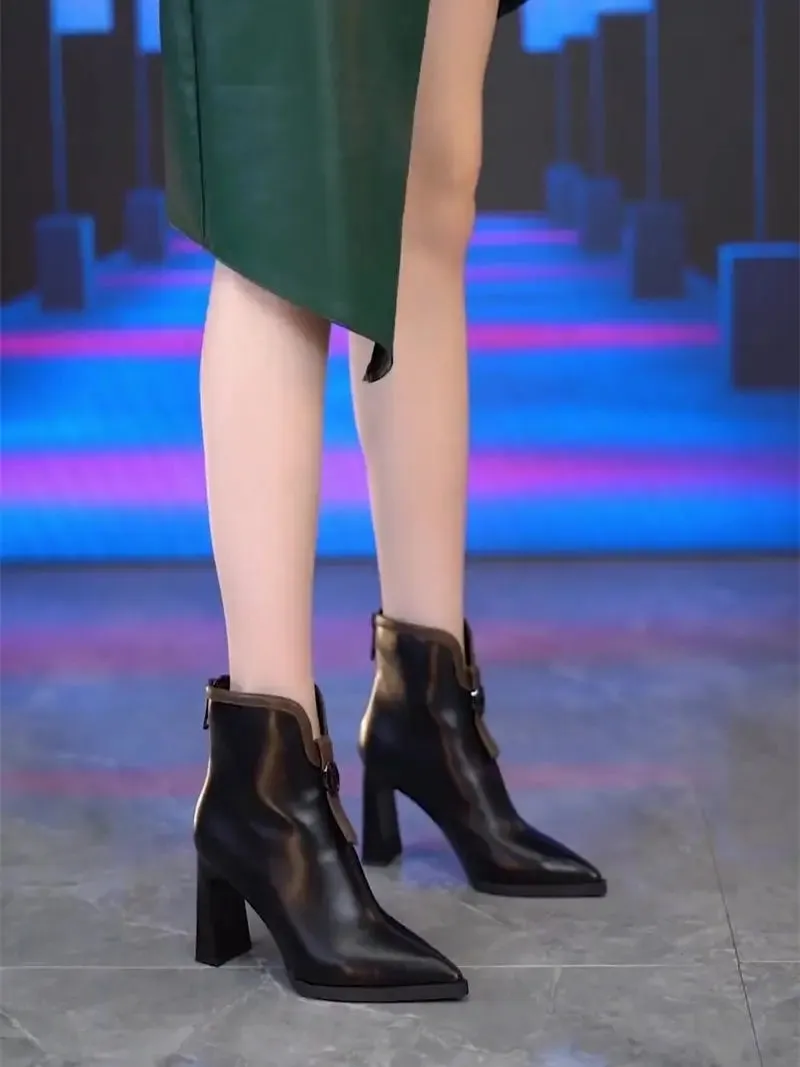 VougeVamp Leather High-Heeled Ankle Boots – Pointed Toe Winter Booties with Back Zip