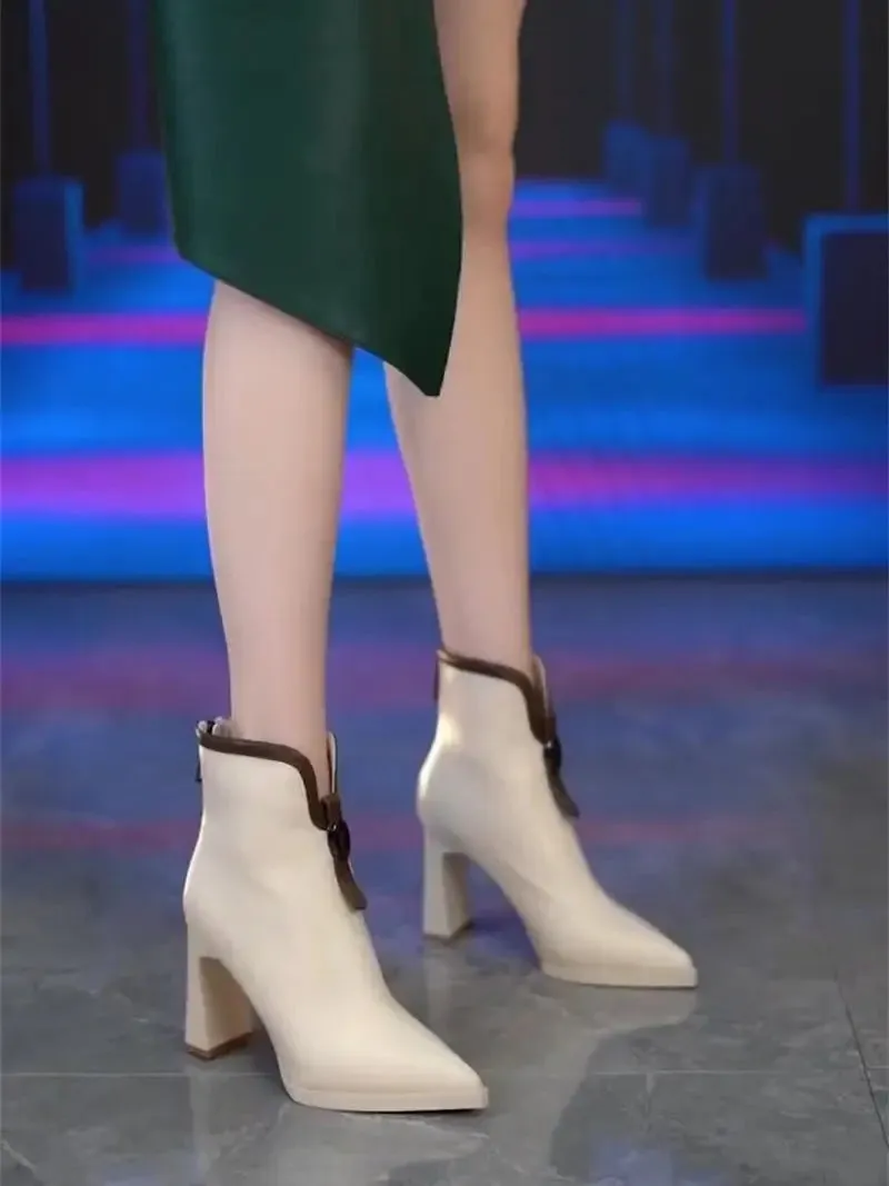 VougeVamp Leather High-Heeled Ankle Boots – Pointed Toe Winter Booties with Back Zip