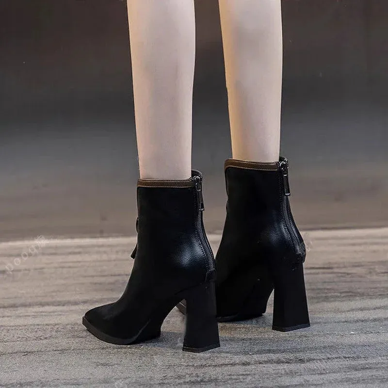 VougeVamp Leather High-Heeled Ankle Boots – Pointed Toe Winter Booties with Back Zip