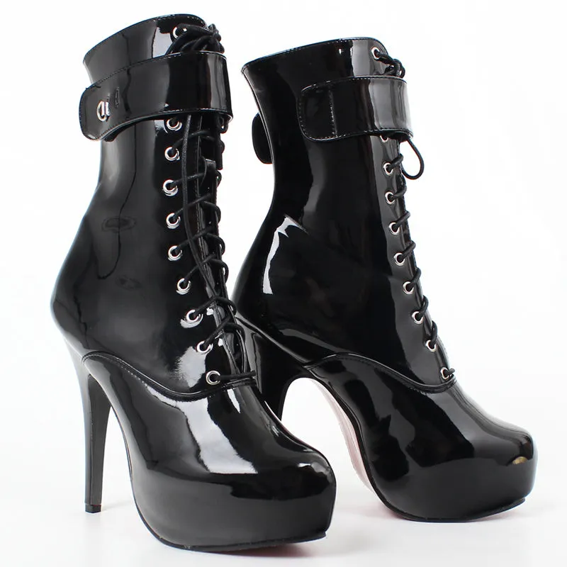 Women's High Heel Platform Lace-Up Patent Leather Short Boots