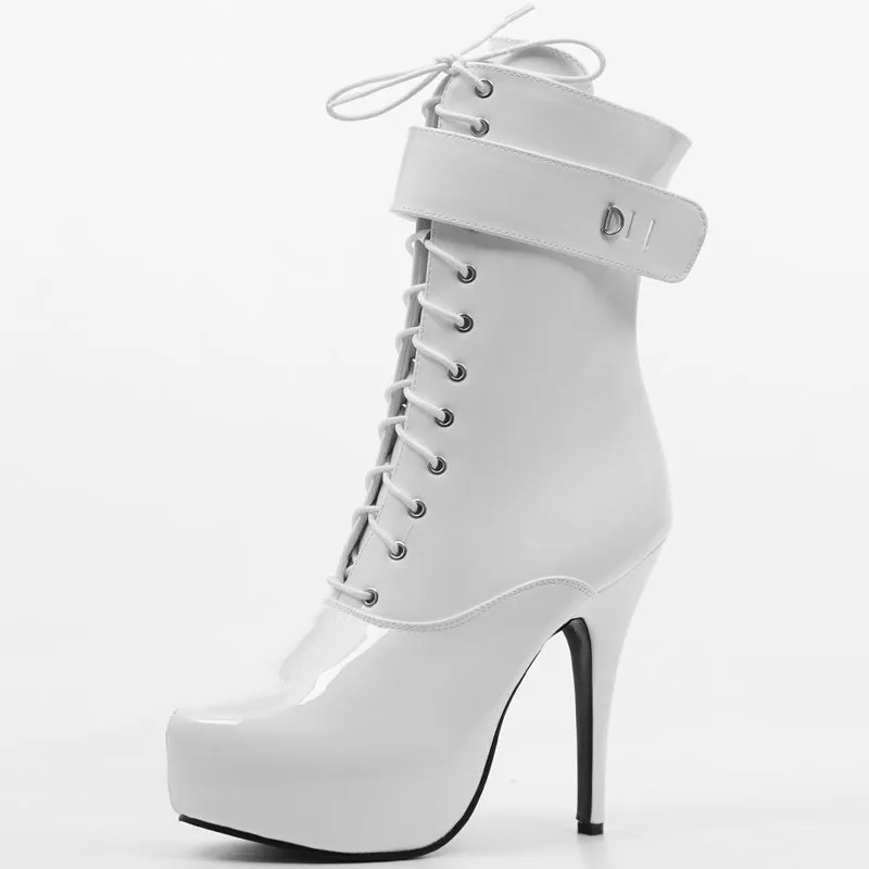 Women's High Heel Platform Lace-Up Patent Leather Short Boots