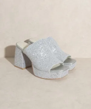 Women's Silver Rhinestone Platform High Heel Slides