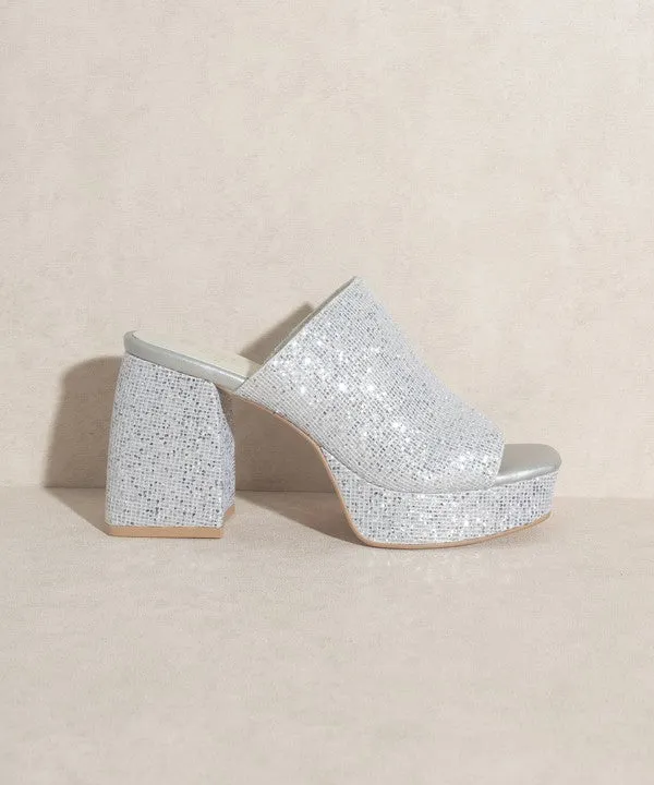 Women's Silver Rhinestone Platform High Heel Slides