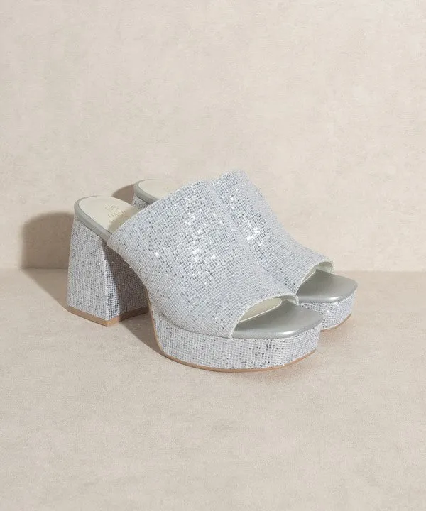 Women's Silver Rhinestone Platform High Heel Slides