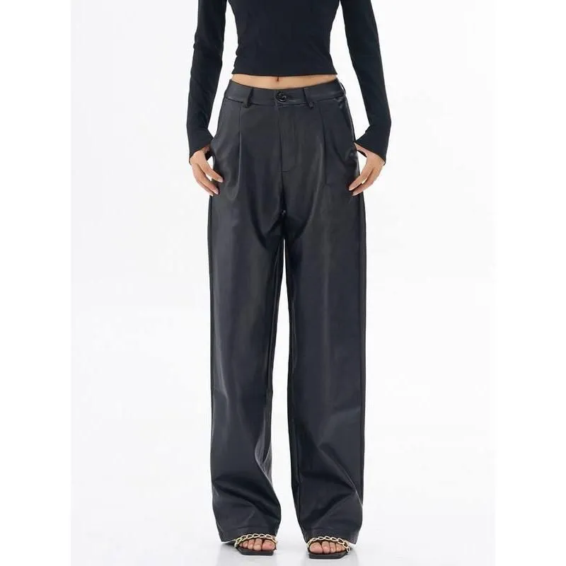 Women's Vintage Casual PU Leather Wide Leg Pants
