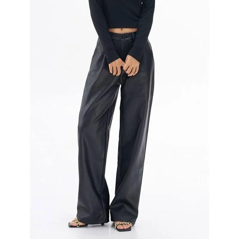 Women's Vintage Casual PU Leather Wide Leg Pants