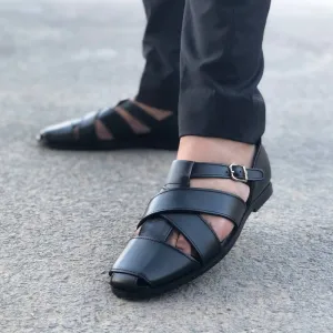 WS Pure leather Handmade Strap Black Sandal-00669