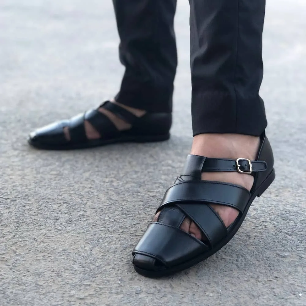 WS Pure leather Handmade Strap Black Sandal-00669