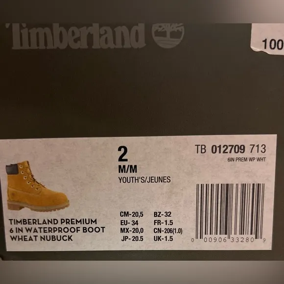 Youth Timberland Premium 6-Inch Waterproof Boot - 2M - New